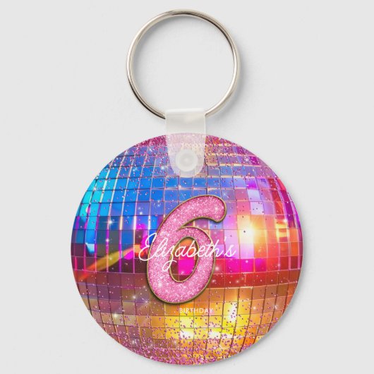 6th Birthday Party Gold Pink Glitter Disco Ball Sleutelhanger (Achterkant)