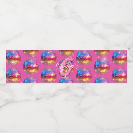 6th Birthday Party Gold Pink Glitter Disco Ball Waterfles Etiket (Enkel label)