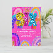 6th Birthday Rainbow Hot Pink Party Invitation Kaart (Staand voorkant)