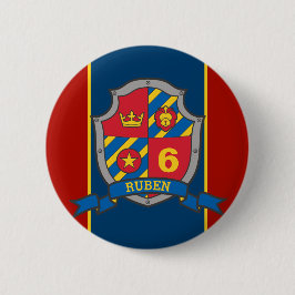 6th Birthday red blue messghts shield age pin Ronde Button 5,7 Cm