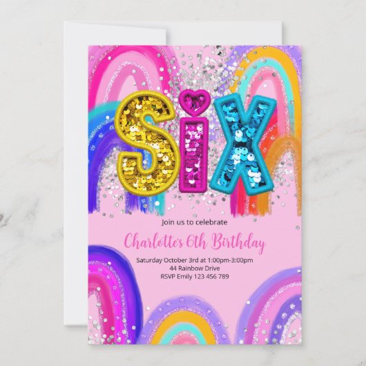 6th Birthday Sequin Rainbow Party Invitation Kaart (Voorkant)