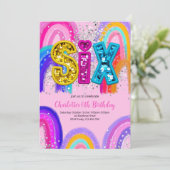 6th Birthday Sequin Rainbow Party Invitation Kaart (Staand voorkant)