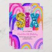 6th Birthday Sequin Rainbow Party Invitation Kaart (Voorkant / Achterkant)