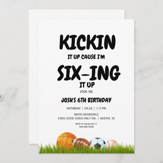 6th Boy's Kickin it Up Birthday Party Invitation Kaart (Voorkant / Achterkant)