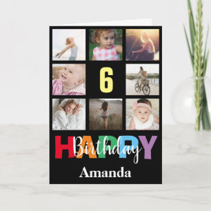 6th Happy Birthday Photo Collage Modern Black Kaart