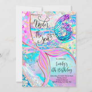 6th Mermaid Birthday Under the Sea Invitation Kaart