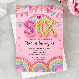 6th Pink Birthday Invitation Girl, 6th Pink Rainbo Kaart