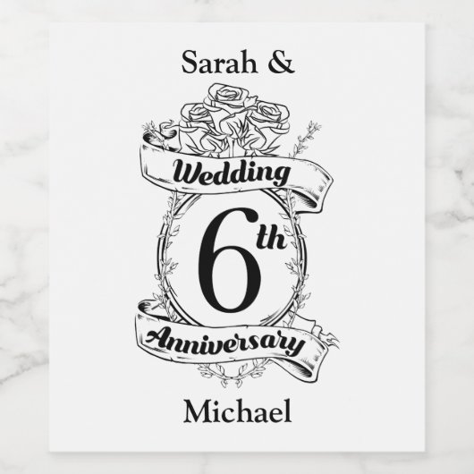 6th Wedding Jubileum Rozen Wijn Etiket (Enkel label)