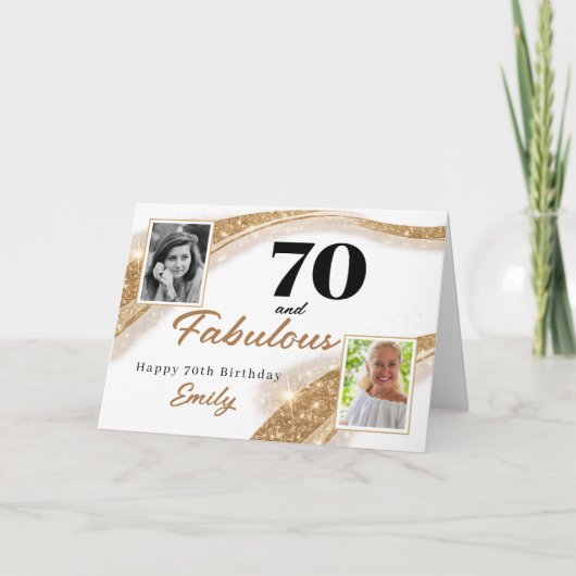 70 and Fabulous Gold Glitter Photo 70th Birthday Kaart (Voorkant)