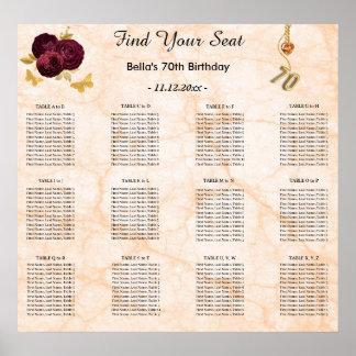 70 Birthday Foil Balloon Alphabetical Seating Plan Poster