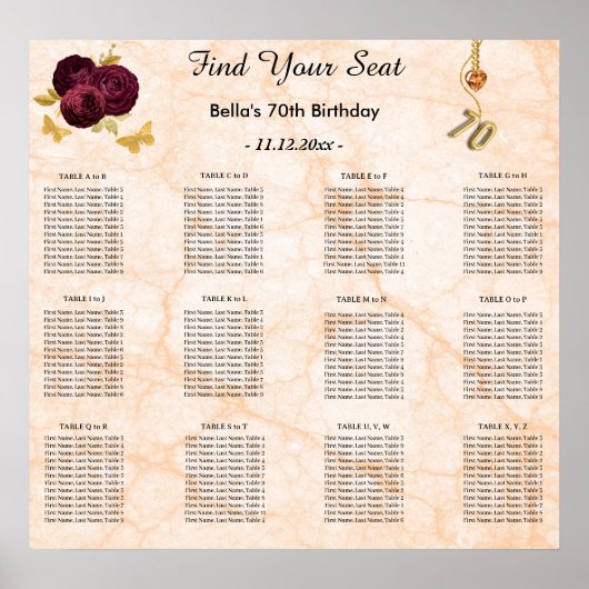 70 Birthday Foil Balloon Alphabetical Seating Plan Poster (Voorkant)