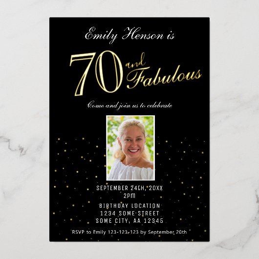 70 en Fabulous Black 70th Birthday Gold Folie Uitnodiging (Voorkant)