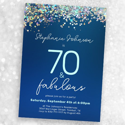 70 en Fabulous Blue Glitter 70e verjaardagsfeestje Kaart
