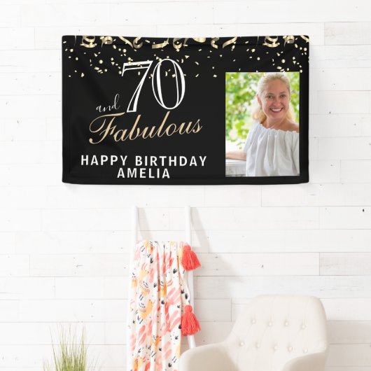 70 en Fabulous Confetti Black 70th Birthday Foto Spandoek (Insitu)