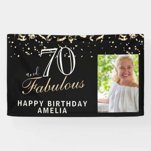 70 en Fabulous Confetti Black 70th Birthday Foto Spandoek (Horizontaal)