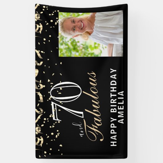 70 en Fabulous Confetti Black 70th Birthday Foto Spandoek (Verticaal)