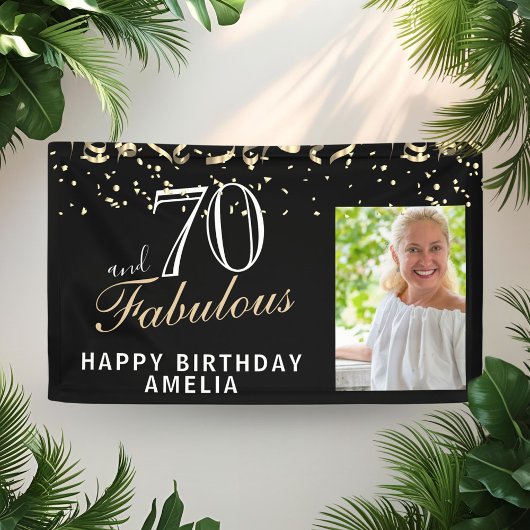70 en Fabulous Confetti Black 70th Birthday Foto Spandoek