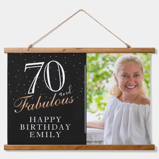 70 en Fabulous Elegant Black 70th Birthday Foto Hangend Wandkleed (Voorkant)
