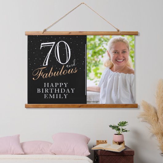 70 en Fabulous Elegant Black 70th Birthday Foto Hangend Wandkleed (Slaapkamer)