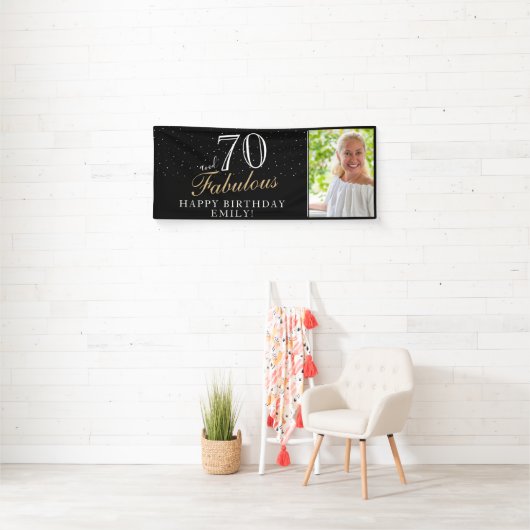 70 en Fabulous Elegant Black 70th Birthday Foto Spandoek (Insitu)