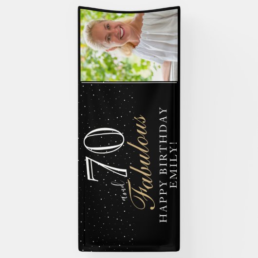 70 en Fabulous Elegant Black 70th Birthday Foto Spandoek (Verticaal)