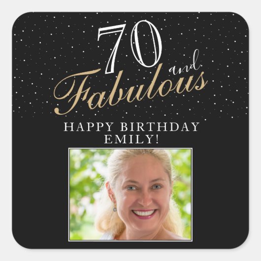 70 en Fabulous Elegant Black Photo 70th Birthday Vierkante Sticker (Voorkant)