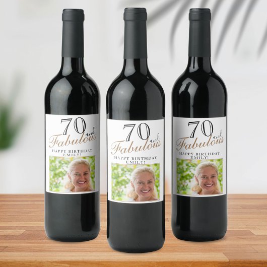 70 en Fabulous Elegant Script Photo 70th Birthday Wijn Etiket
