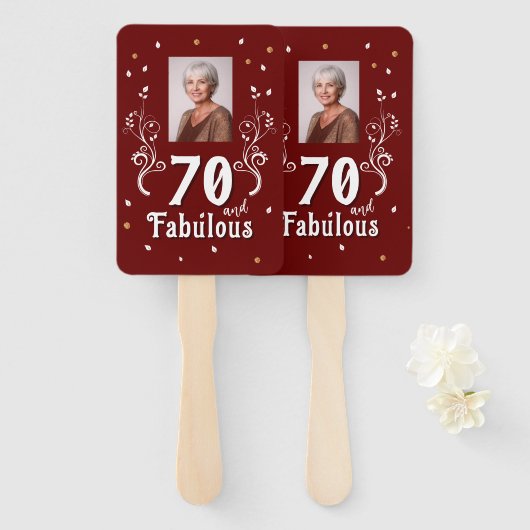 70 en Fabulous Foliage Red 70th Birthday Foto Handwaaier (Voorkant en achterkant)