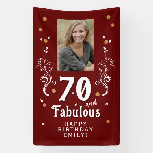 70 en Fabulous Foliage Red 70th Birthday Foto Spandoek (Verticaal)