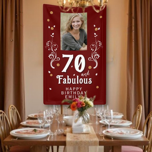 70 en Fabulous Foliage Red 70th Birthday Foto Spandoek