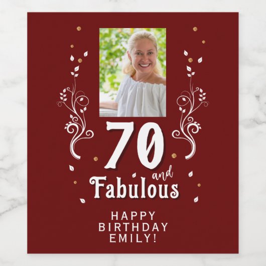 70 en Fabulous Foliage Red 70th Birthday Foto Wijn Etiket (Enkel label)