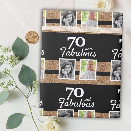 70 en Fabulous Gold Glitter 2 Foto 70e verjaardag Cadeaupapier