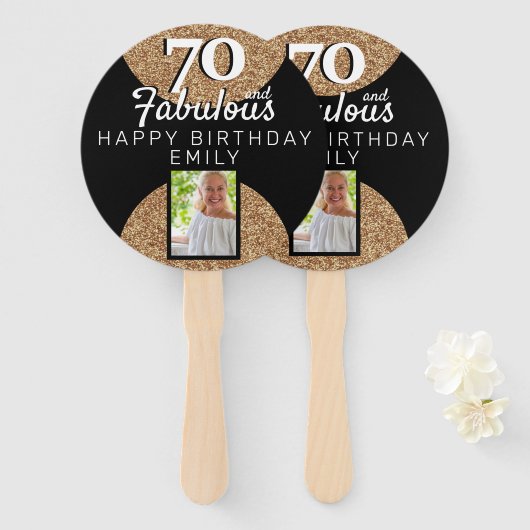 70 en Fabulous Gold Glitter 2 Foto 70e verjaardag Handwaaier (Voorkant en achterkant)