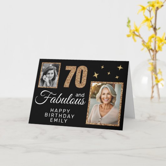 70 en Fabulous Gold Glitter 2 Foto 70e verjaardag Kaart (Gele Bloem)