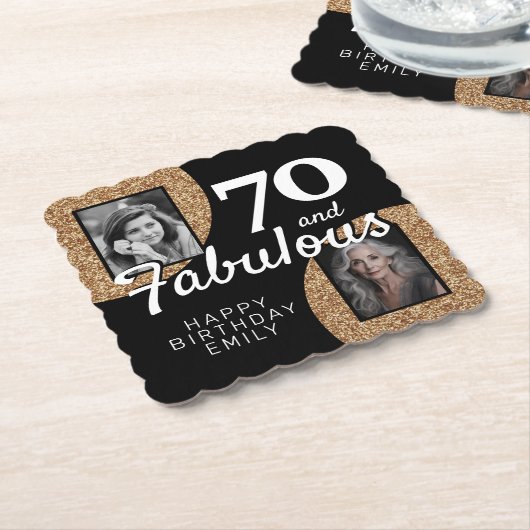 70 en Fabulous Gold Glitter 2 Foto 70e verjaardag Kartonnen Onderzetters (Gebogen)
