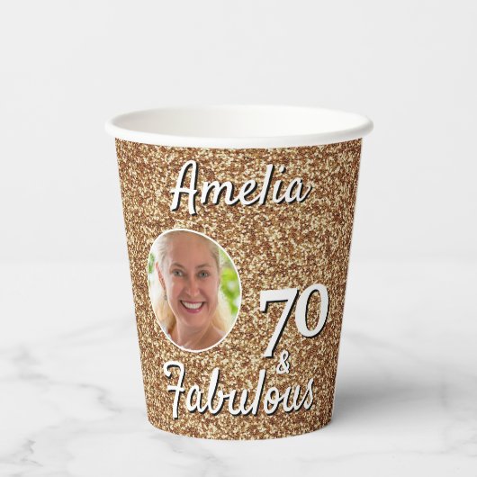 70 en Fabulous Gold Glitter 70th Birthday Foto Papieren Bekers (Achterkant)