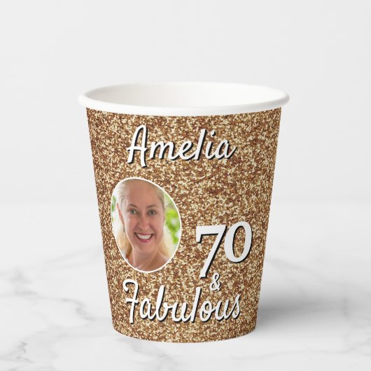 70 en Fabulous Gold Glitter 70th Birthday Foto Papieren Bekers (Voorkant)