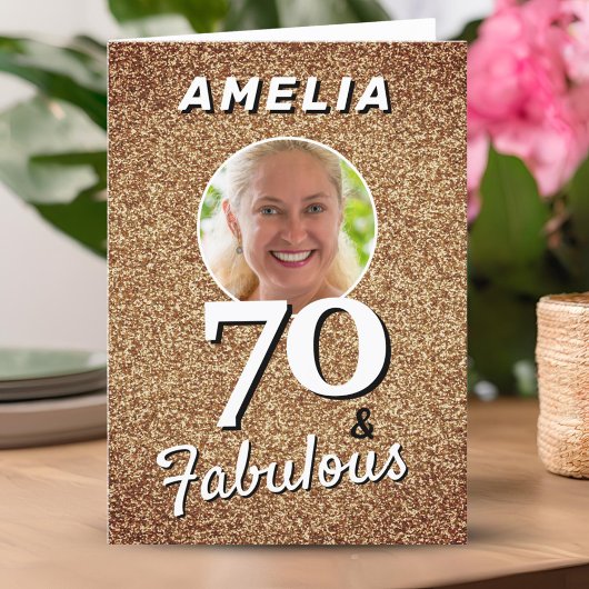 70 en Fabulous Gold Glitter Photo 70th Birthday Kaart