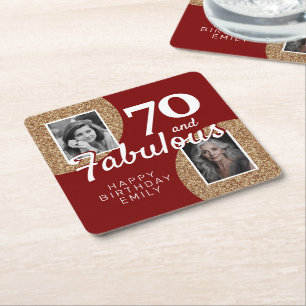 70 en Fabulous Gouden Glitter 2 Foto 70ste Verjaar Kartonnen Onderzetters