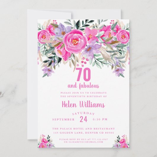 70 en fabulous roze 70e verjaardag uitnodiging (Voorkant)