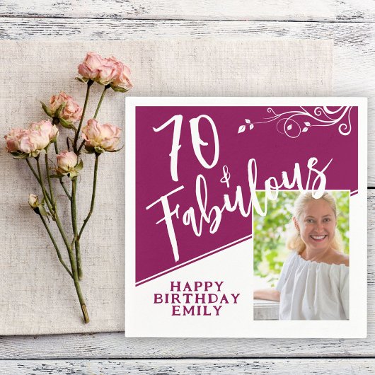 70 en Fabulous Script Photo Magenta 70th Birthday Servet