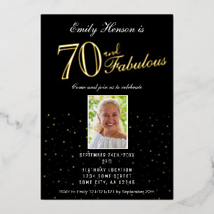 70 en Fabulous Zwart 70e Verjaardag Goud Folie Uitnodiging