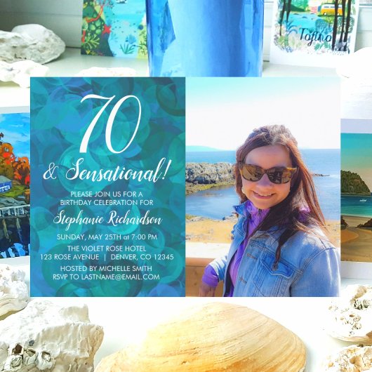 70 en Sensational Ocean Blue Photo Birthday Kaart