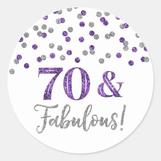 70 & Fabulous Birthday Paars Silver Confetti Ronde Sticker (Voorkant)