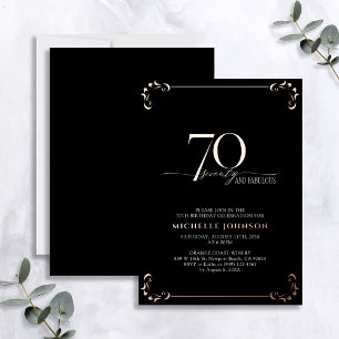 70 & Fabulous Black Roos Gold Calligraphy Birthday Folie Uitnodiging