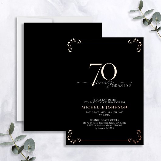 70 & Fabulous Black Roos Gold Calligraphy Birthday Folie Uitnodiging