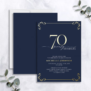 70 & Fabulous Blauwe & Gouden Calligrafie Verjaard Folie Uitnodiging