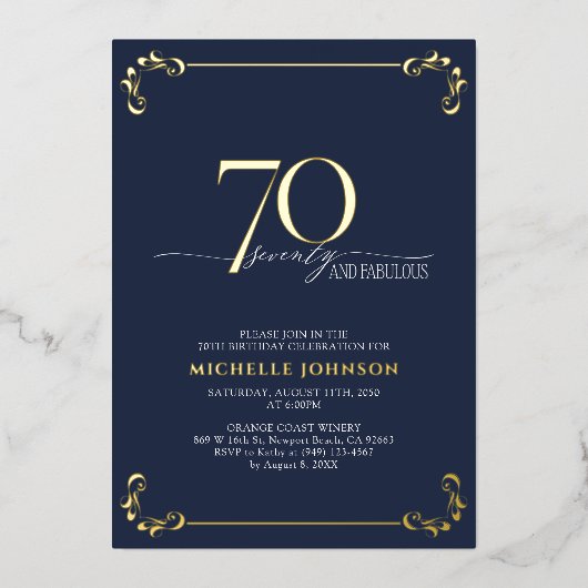 70- & Fabulous Blue- en Gold-kalligrafie op zaterd Folie Uitnodiging (Voorkant)
