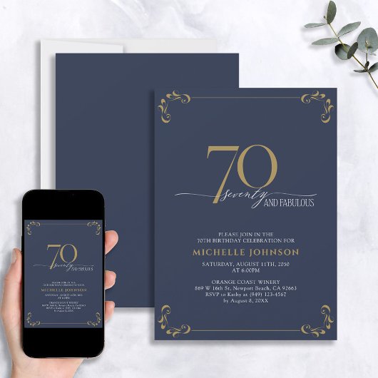 70- & Fabulous Blue- en Gold-kalligrafie op zaterd Kaart