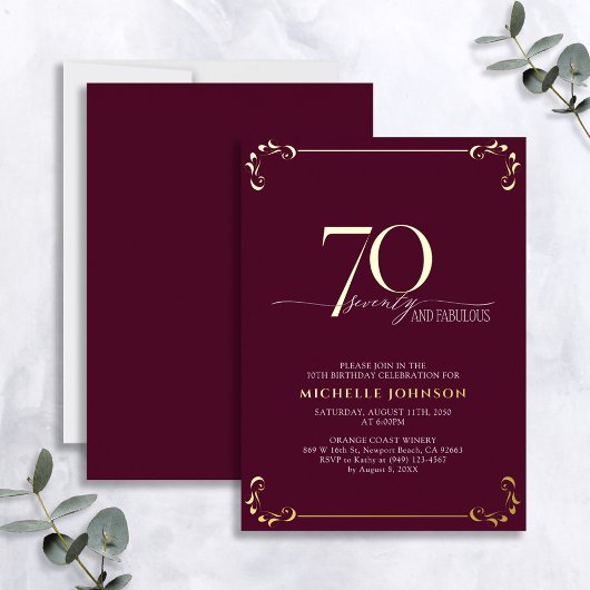 70 & Fabulous Burgundy & Gold Calligraphy Birthday Folie Uitnodiging